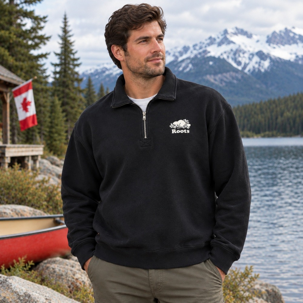 Roots Quarter Zip Sweatshirt Mens Fleece Logo Pullover Canada Black XL